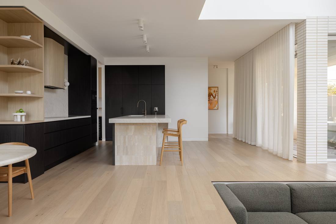 Open-plan kitchen and living area with engineered oak timber flooring